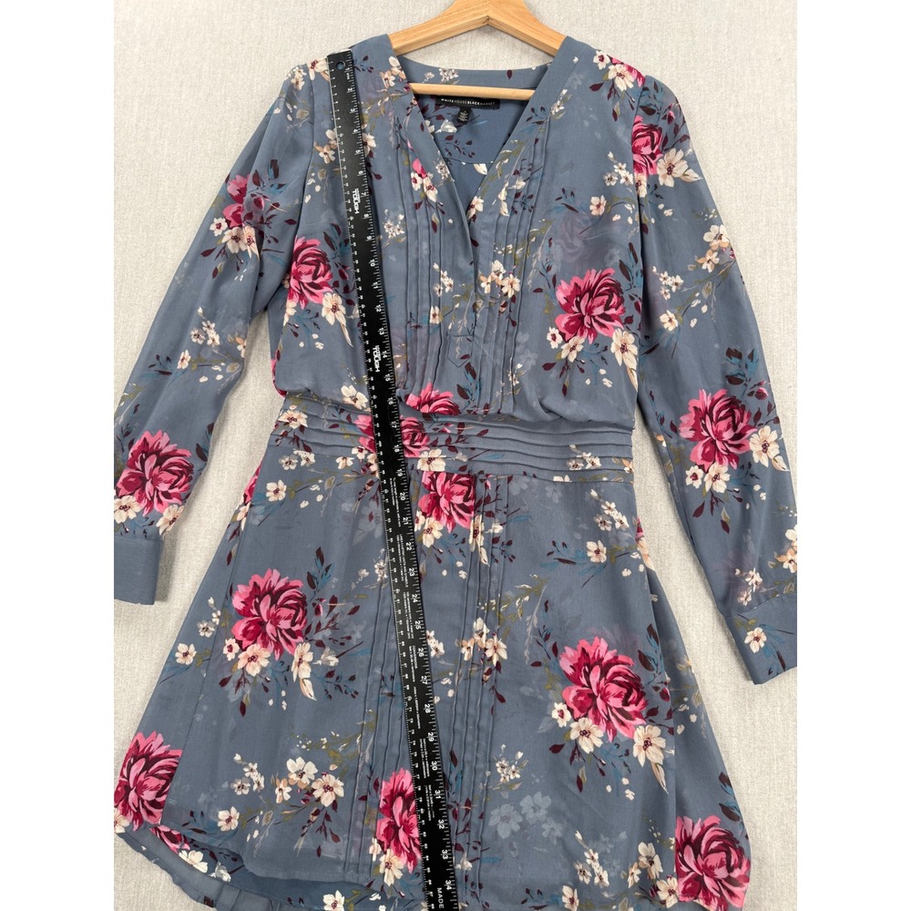 White House Black Market Blue Floral Pintuck Pleat Long Sleeve Dress Size 2 - Picture 8 of 14